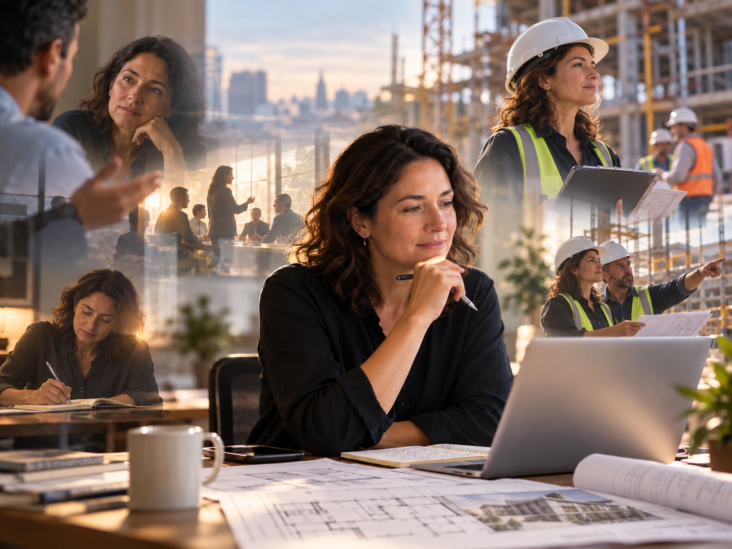 Architect and project manager drawing on judgement, experience and human capability across planning, meetings and a construction site.